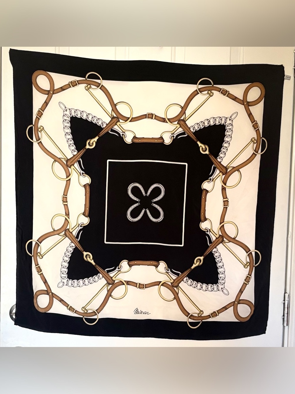 100% Silk scarf with equestrian motif, Mizar brand, featuring bridle and stirrup
